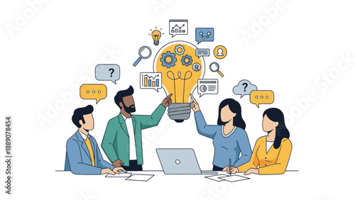 Flat illustration of a diverse team collaborating around a laptop with a lightbulb idea, surrounded by thought bubbles and icons on a clean white background.
