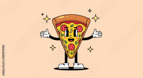 Cartoon pizza slice character mascot with arms and legs celebrating with sparkling stars illustrates pizzeria cuisine, representing food service and restaurant industry marketing p.
