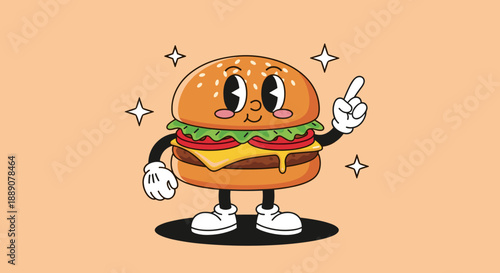 Cartoon Burger Character Giving Advice with a Smile in Retro Style, Featuring Whimsical Food Mascot Design for Restaurant Marketing, Promoting Fast Food, Retro Graphics, and Playfu.