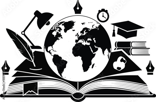 An illustration featuring various educational symbols including a globe, books, lamp, feather, pens, clock, and graduation cap.