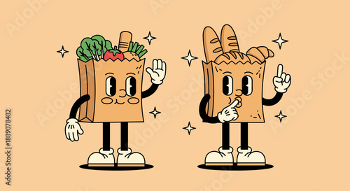 Retro Food Bag Cartoon Characters Promoting Grocery Shopping with Vintage Style Illustration, Offering Healthy Vegetables and Fresh Baked Goods for Culinary Inspiration and Creativ.