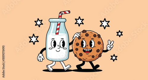 Retro Cartoon Milk and Cookie Characters Walk Together Amongst Stars: A nostalgic illustration for food themes, bakery shops, vintage advertising, cheerful designs, and playful mas.
