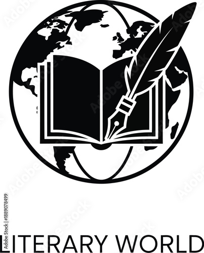 An illustration featuring a globe, an open book, and a feather pen, symbolizing global literature and writing.