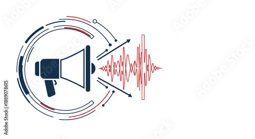 Blue megaphone icon with red digital sound wave and circular technology elements for modern communication and audio concepts.