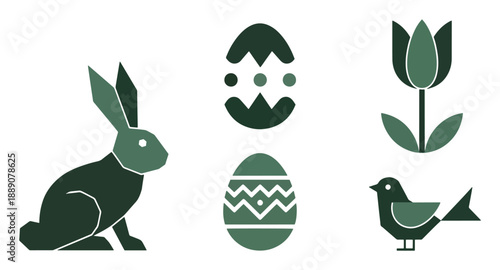 Easter icons set with rabbit eggs bird and tulip in green hues for springtime