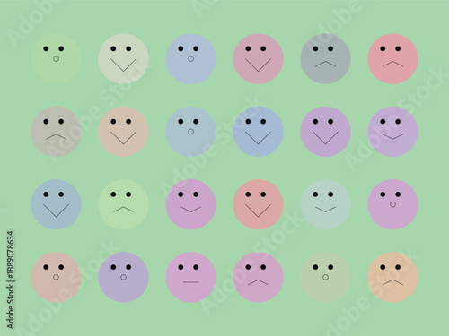 A grid pattern of minimalist pastel faces portrays a variety of emotions including happiness sadness and neutrality