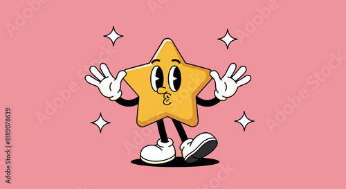 Retro Cartoon Star Character Posing on Pink Background: A vintage-style animated mascot with hands, shoes, and a playful expression brings a touch of nostalgia and classic animatio.