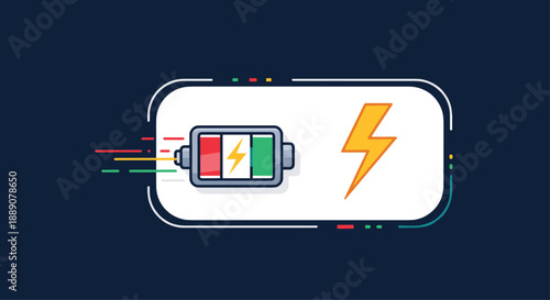 Fast charging battery icon with lightning bolt and movement lines on a dark blue background for mobile energy technology.