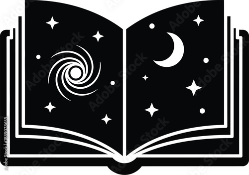 An open book with a cosmic theme, featuring a spiral galaxy, stars, and a crescent moon.