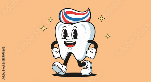 Cartoon Tooth Character Walking with Red White and Blue Toothpaste Hairstyle Promoting Dental Health for Children's Educational Materials in a Playful Illustration Style.