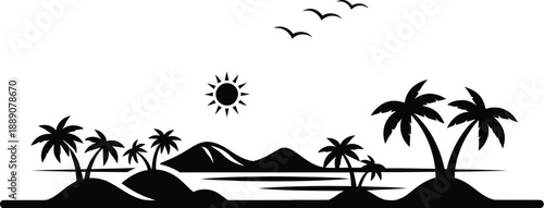 A serene tropical landscape featuring palm trees, a sun, and birds.