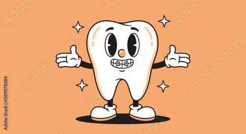 Cartoon Tooth Character Smiling with Braces Invites You In: Dentistry, Orthodontics, Healthcare, Retro Mascot, Graphic Design, Illustration, Clean Teeth, Dental Health, Smile, Happ.