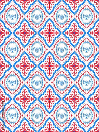 Seamless Folk Geometric Pattern in Red and Blue with Decorative Motifs