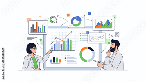 Two business professionals analyzing colorful data charts and graphs on a large computer screen in a minimalist office setting with a professional mood.