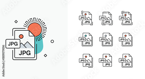 Large set of JPG file format icons with mountain landscape image and sun elements for photography and digital media.