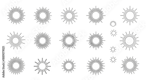 Large collection of various sunburst and sun icons with ray lines for weather summer nature and heat design elements.