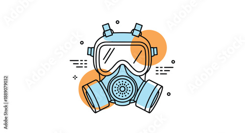 Industrial gas mask or respirator icon with abstract orange circles for safety equipment and hazardous environment protection.