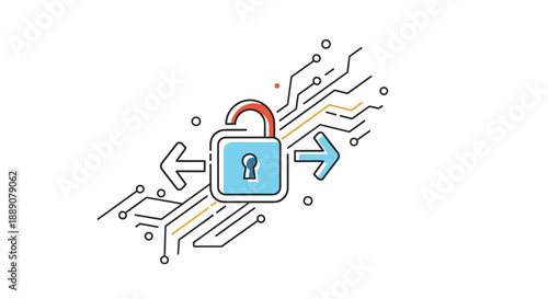 Unlocked blue padlock icon connected to digital circuit lines and arrows for data security and network access concepts.
