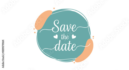 Elegant save the date announcement featuring white script lettering on a soft teal and peach organic background.