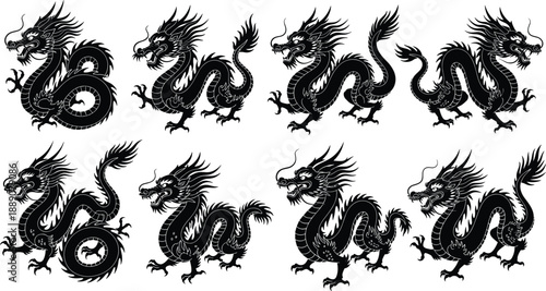 Black silhouette Chinese dragon illustration set featuring traditional mythical creatures in dynamic poses for tattoo, emblem, and fantasy design isolated on white background