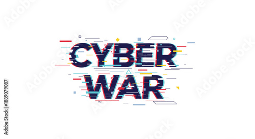 Cyber war text in digital glitch style with pixelated effects and abstract shapes for technology and security concepts.
