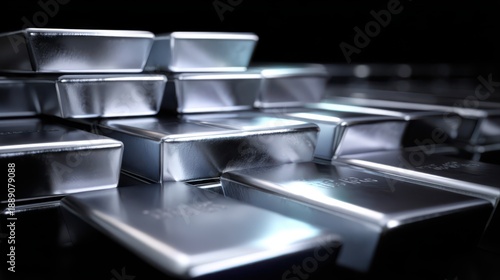 Tangible asset silver bars investment Stack of shiny silver bullion bars in dark background, precious metal investment concept