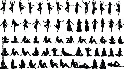 Massive Collection of Black Female Silhouettes in Various Yoga Poses, Elegant Dancing Movements, Seated Meditation Stances and Graceful Standing Fashion Body Profiles for Creative Design