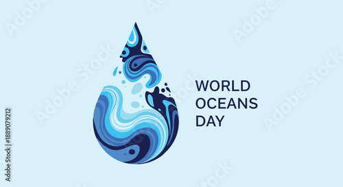 World Oceans Day text with a large water droplet shape containing blue ocean waves and ripples for environment awareness.