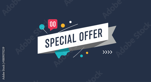Special offer marketing banner with colorful abstract shapes and geometric elements on dark background for retail sales.