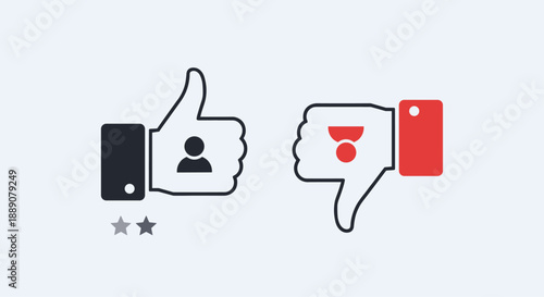 Human hand gestures showing thumbs up and thumbs down with user person icons for review rating and opinion feedback.