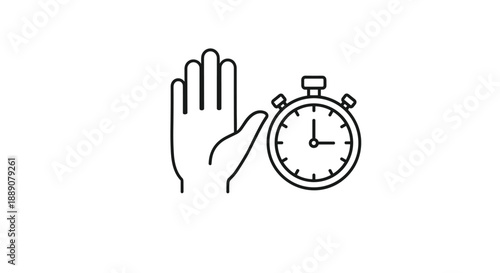 Simple line art icon featuring a hand stop gesture next to a stopwatch symbol for timing or patience concepts.