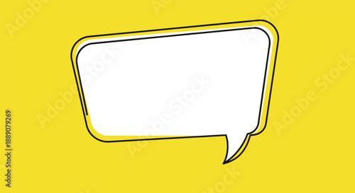 Large white empty speech bubble with a black outline and yellow drop shadow placed on a bright yellow background.