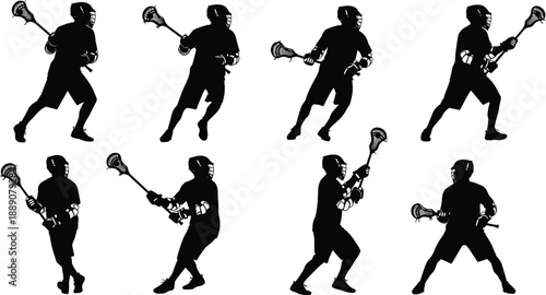 Black silhouette lacrosse player icon set showing athletes in passing, shooting, and running action poses isolated on white background vector illustration