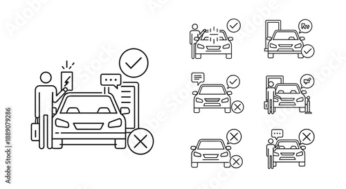 Large set of car rental and automotive service icons with people vehicle and checkmark symbols for transport business.
