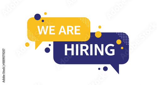 We are hiring recruitment banner design featuring overlapping yellow and dark blue speech bubbles with polka dot accents.