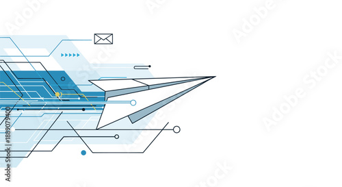 Futuristic illustration of a paper airplane soaring through a blue digital landscape filled with technical lines and network connections.