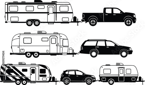 Black silhouette set of travel trailers towed by pickup trucks and SUVs, camping caravan transportation concept isolated on white background