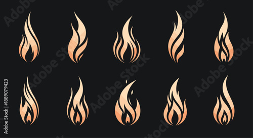 Set of ten different fire flame icons in orange and peach colors presented on a dark grey background for creative design projects.