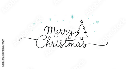 Elegant merry christmas greeting featuring continuous line art script and a simple pine tree with stars and snowflakes.