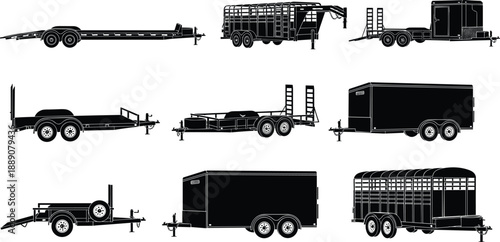 Black silhouette set of utility, cargo, and flatbed trailers showing multiple equipment transport types on white background illustration vector