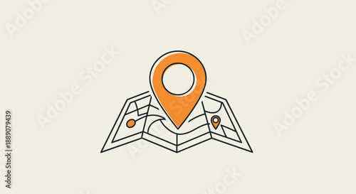 Stylized illustration of an orange map pin marker placed on a folded paper map with route lines and small icons.