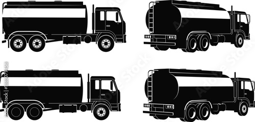Black silhouette tanker truck collection showing side and rear views for fuel, water, and liquid transport isolated on white background
