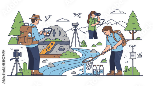 Illustration of two people collecting water samples from a stream with various scientific equipment in a natural setting.