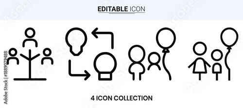 Line art icon set depicting people children and family relationships in various poses