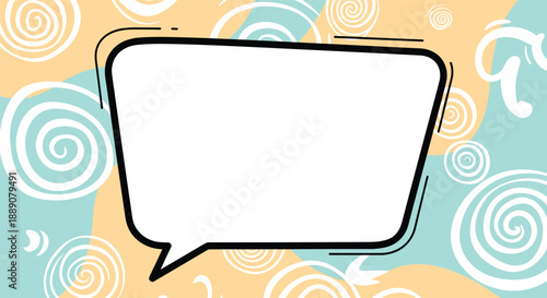 Large blank white speech bubble with a black outline set against a playful light blue and orange spiral pattern background.