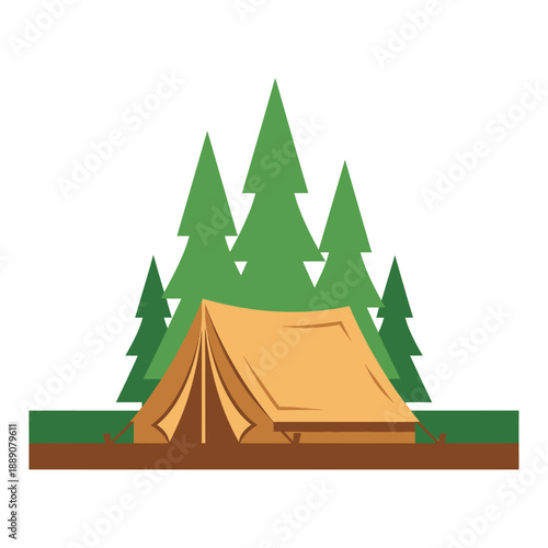 Camping tent in forest with green trees and brown ground