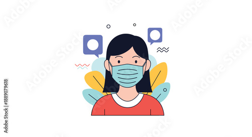 Modern illustration of a young woman wearing a protective surgical face mask surrounded by colorful abstract leaves and speech bubble icons.