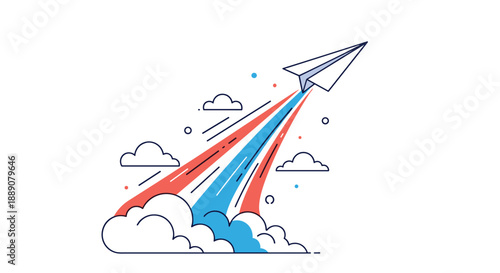 Inspirational illustration of a paper airplane taking off towards the sky with bright red and blue exhaust streaks and stylized clouds.