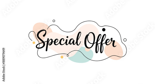 Handwritten special offer calligraphy set against a modern background of soft pastel abstract shapes and elegant black line art.