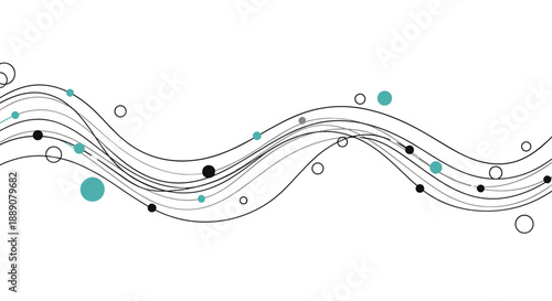 Modern abstract background featuring a rhythmic flow of black and teal wavy lines decorated with small circular dots in matching colors.